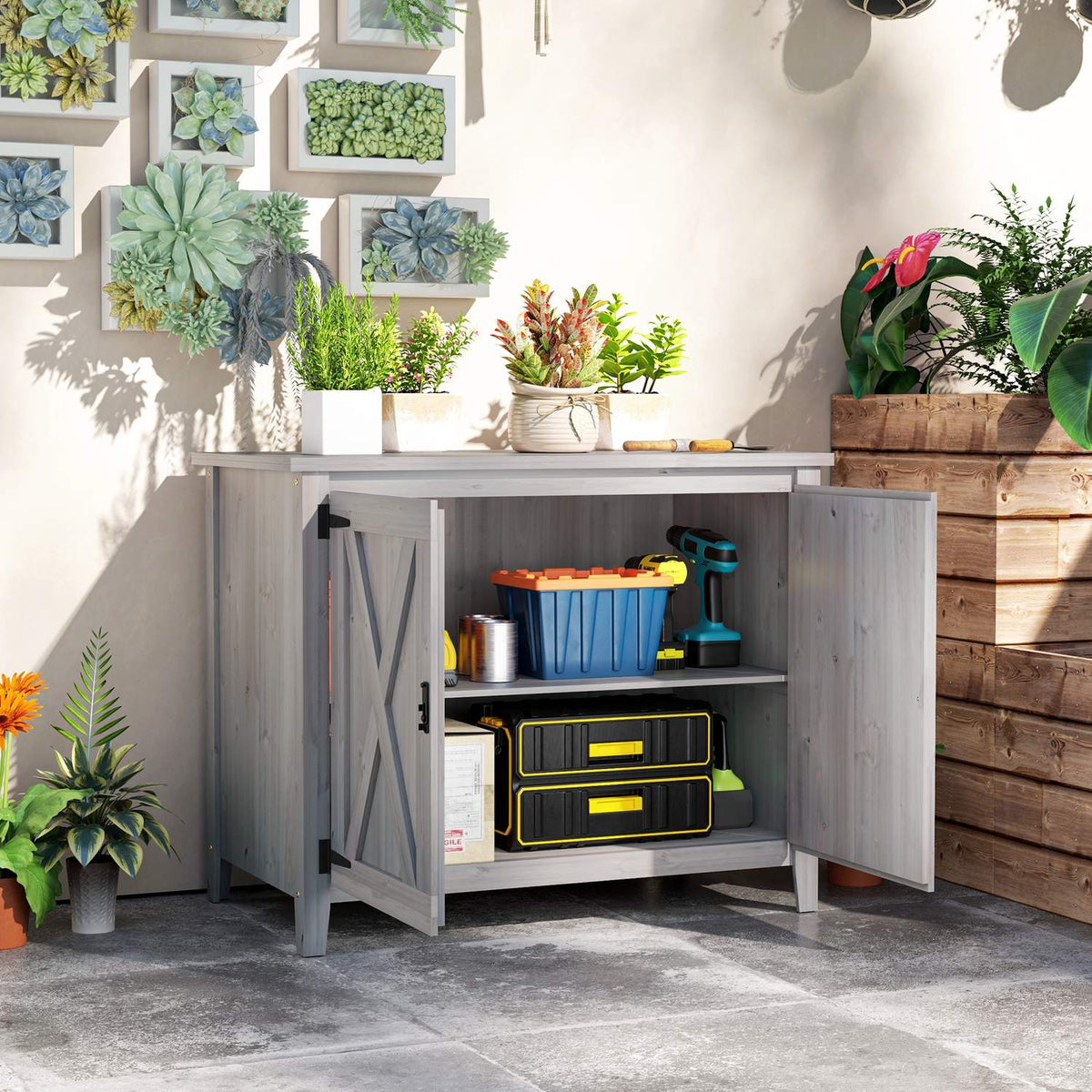 Garden cupboard wood, tool shed weatherproof 110x60x88.5cm, tool shed with door, folding roof, shelves, tool cupboard, garden shed tool cupboard garden shed for patio backyard, light gray |