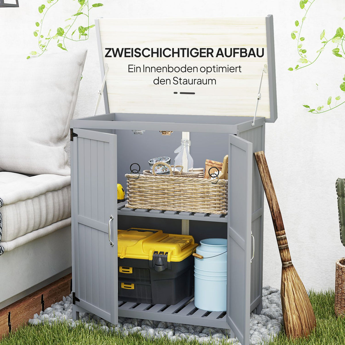 Garden cupboard wood, tool shed weatherproof 74x43x88cm, tool shed with folding roof shelves, work surface, tool cupboard, garden shed tool cupboard garden shed for garden, terrace, gray |