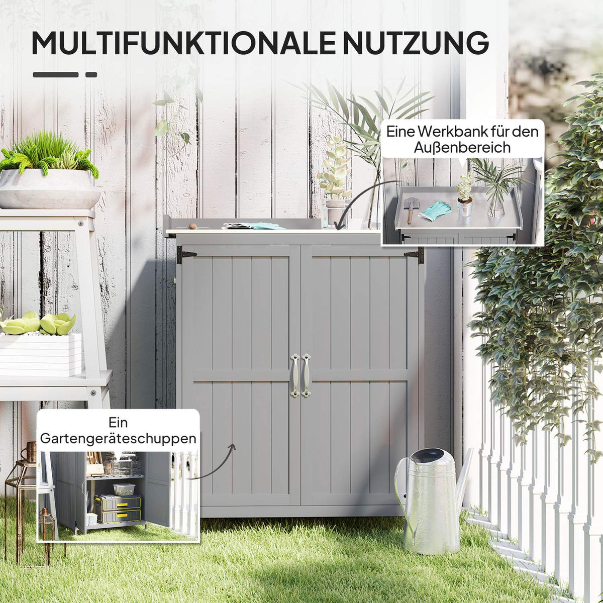 Garden cupboard wood, tool shed weatherproof 74x43x88cm, tool shed with folding roof shelves, work surface, tool cupboard, garden shed tool cupboard garden shed for garden, terrace, gray |