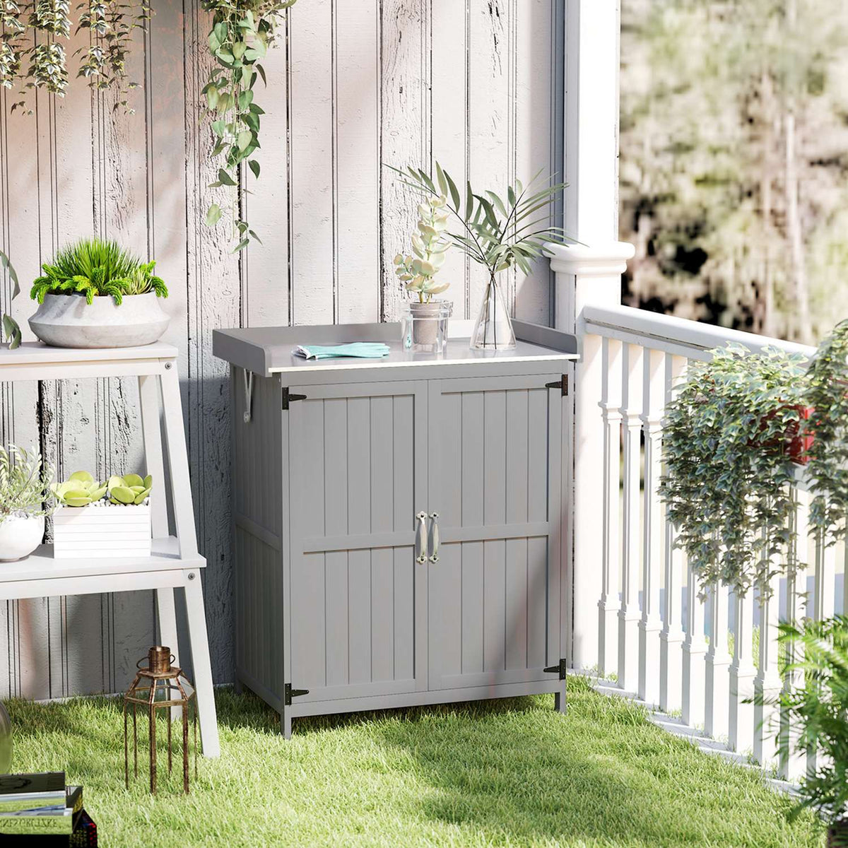 Garden cupboard wood, tool shed weatherproof 74x43x88cm, tool shed with folding roof shelves, work surface, tool cupboard, garden shed tool cupboard garden shed for garden, terrace, gray |