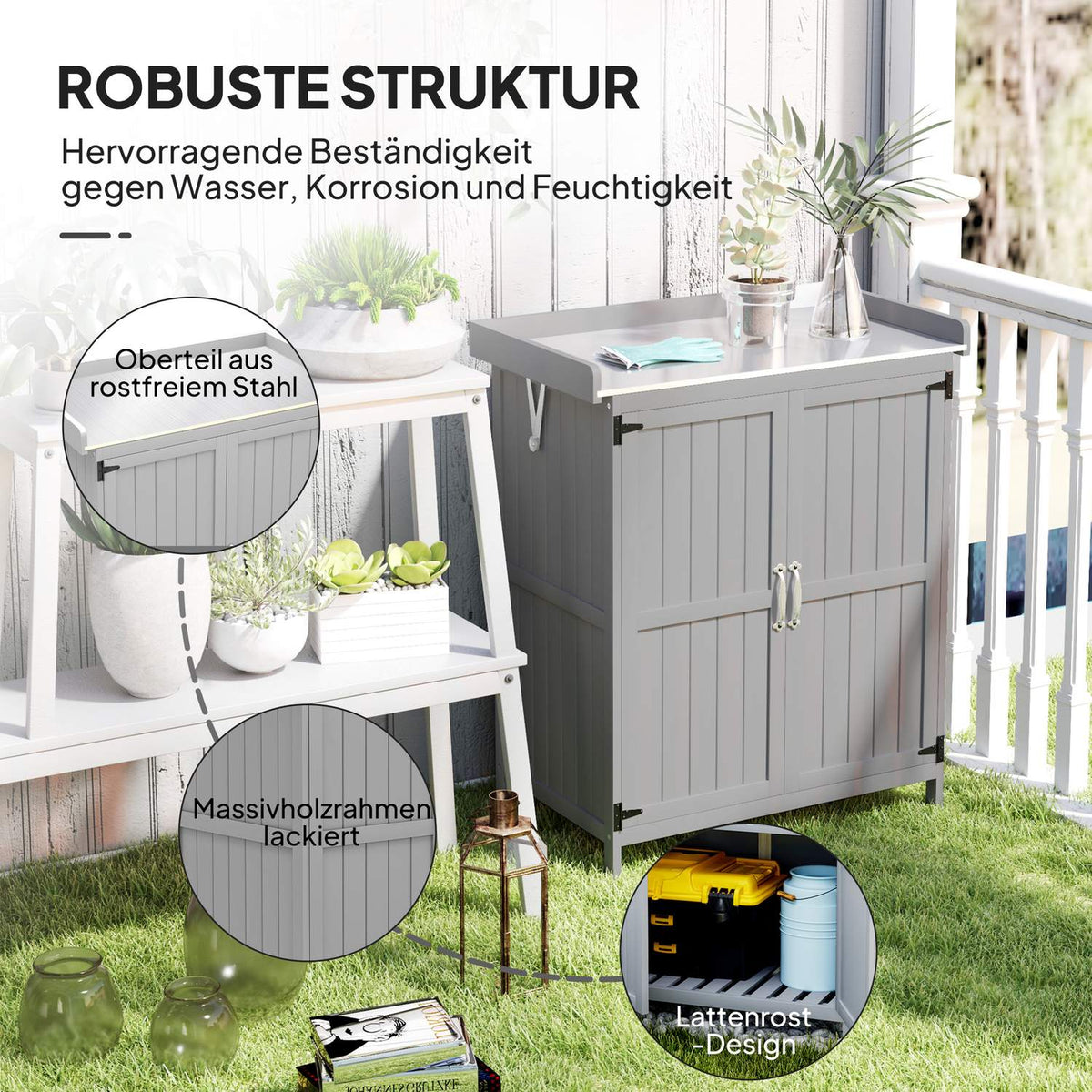 Garden cupboard wood, tool shed weatherproof 74x43x88cm, tool shed with folding roof shelves, work surface, tool cupboard, garden shed tool cupboard garden shed for garden, terrace, gray |