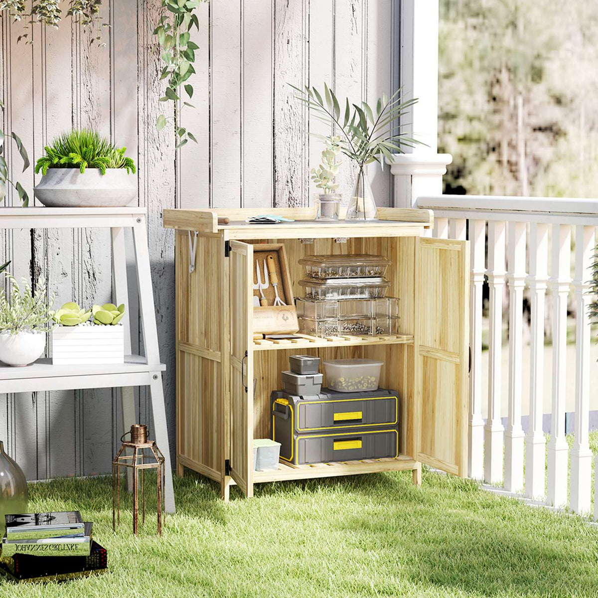 Garden cupboard wood, tool shed weatherproof 74x43x88cm, tool shed with folding roof shelves, work surface, tool cupboard, garden shed tool cupboard garden shed for garden, terrace, wood |