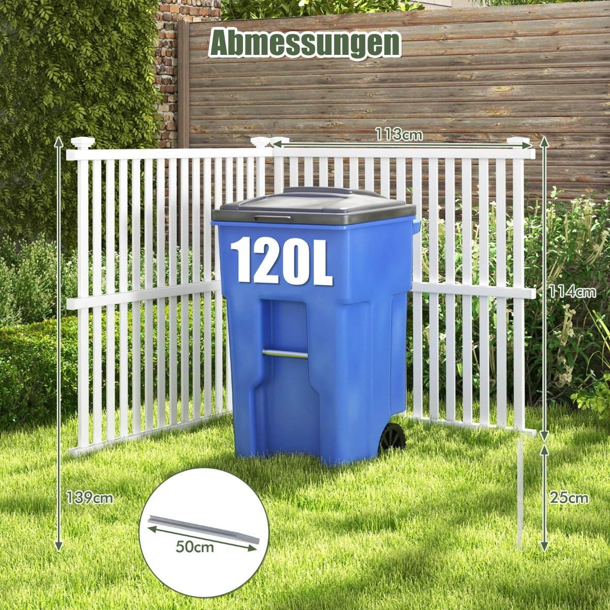 Garden fence, 2 parts, 114 cm high, fence with posts and protective caps, privacy fence, white