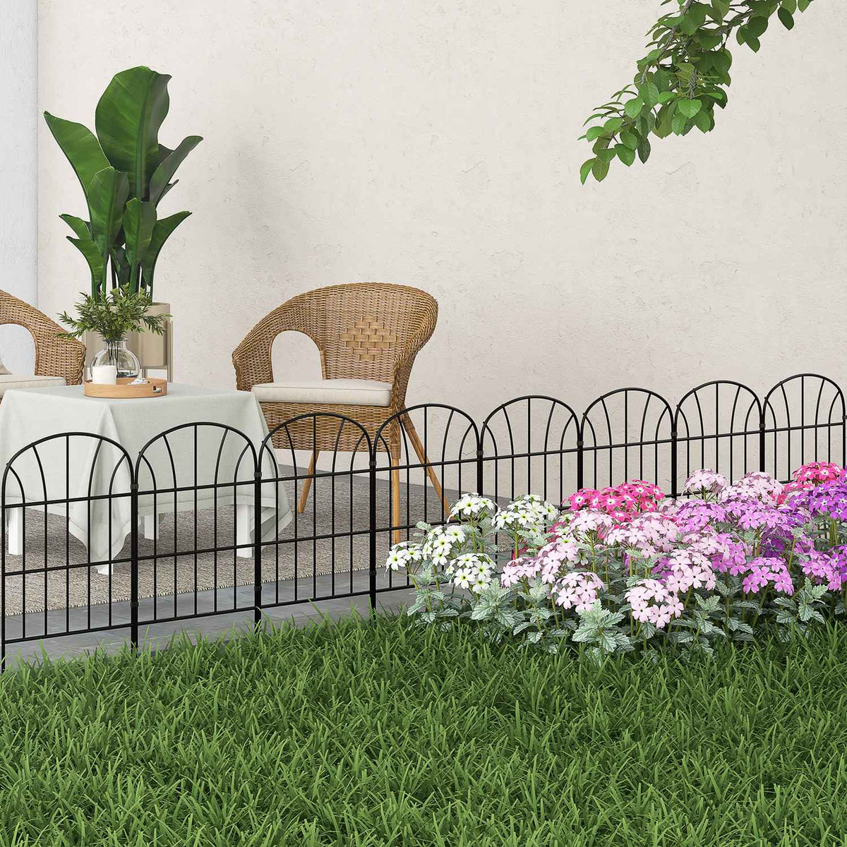 Garden fence decorative metal fence with base, set of 8, plug-in fence for balcony and terrace, black, 93x150cm
