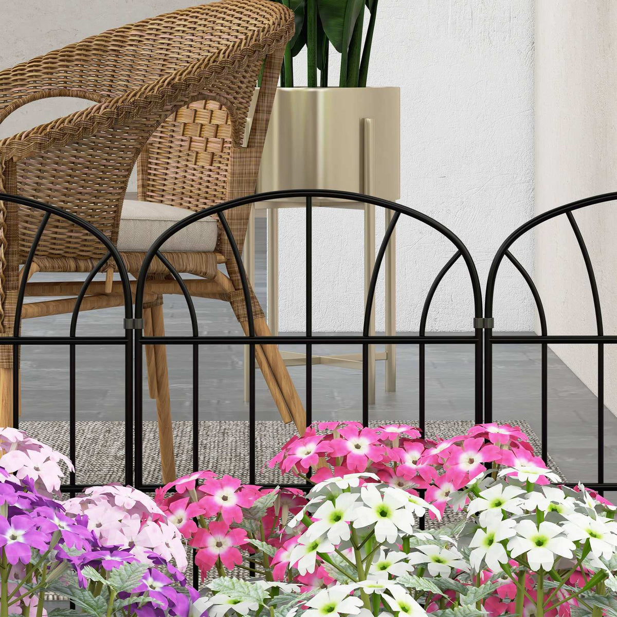 Garden fence decorative metal fence with base, set of 8, plug-in fence for balcony and terrace, black, 93x150cm
