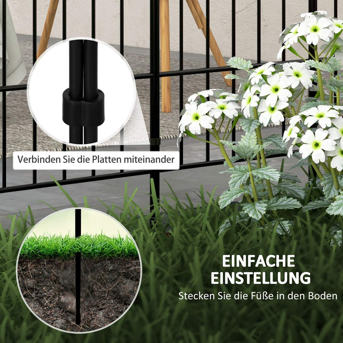 Garden fence decorative metal fence with base, set of 8, plug-in fence for balcony and terrace, black, 93x150cm