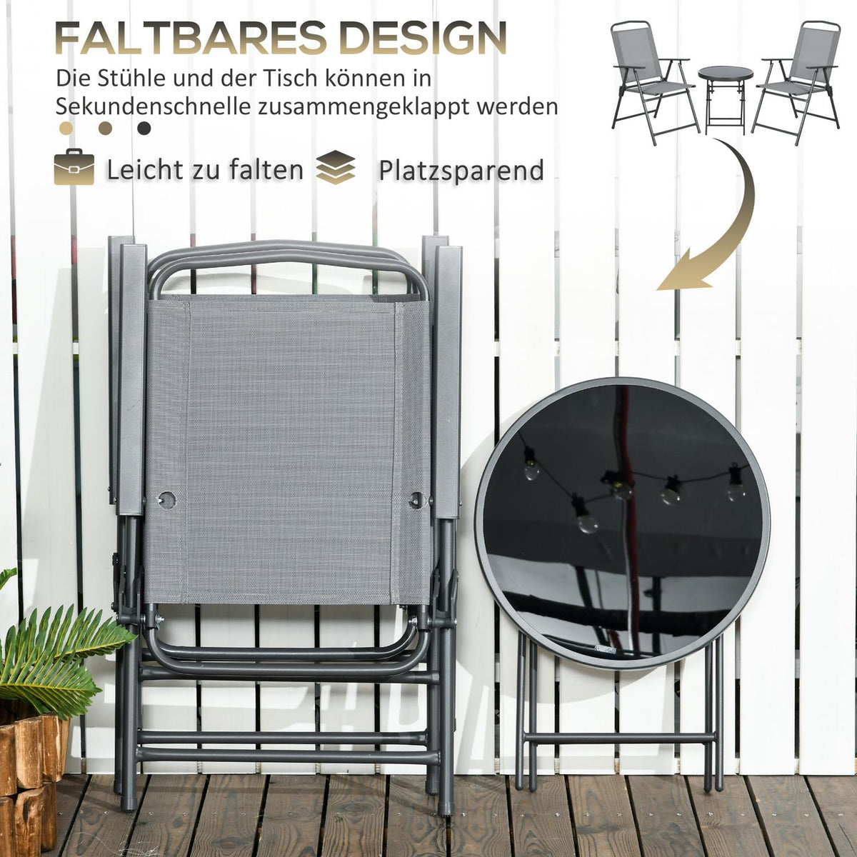 Garden furniture bistro set foldable with 1 table and 2 chairs, durable made of steel and mesh, 53.5 x 64 x 93 cm, light gray for balcony & terrace
