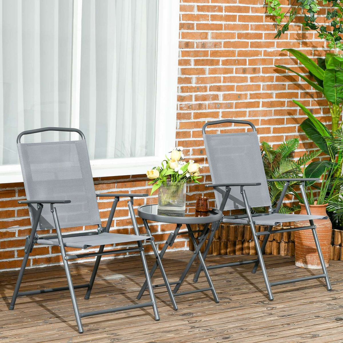 Garden furniture bistro set foldable with 1 table and 2 chairs, durable made of steel and mesh, 53.5 x 64 x 93 cm, light gray for balcony & terrace