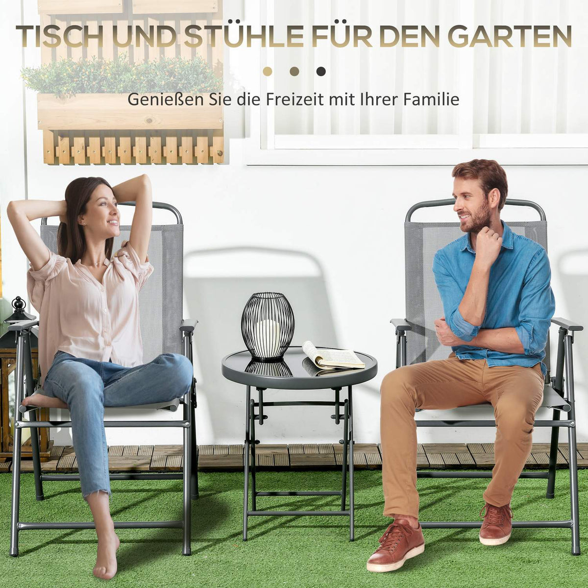 Garden furniture bistro set foldable with 1 table and 2 chairs, durable made of steel and mesh, 53.5 x 64 x 93 cm, light gray for balcony & terrace