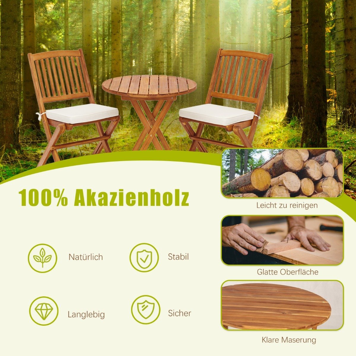Garden furniture set 3-piece balcony furniture set with 2 chairs and round coffee table made of acacia wood, foldable bistro set for terrace, beige