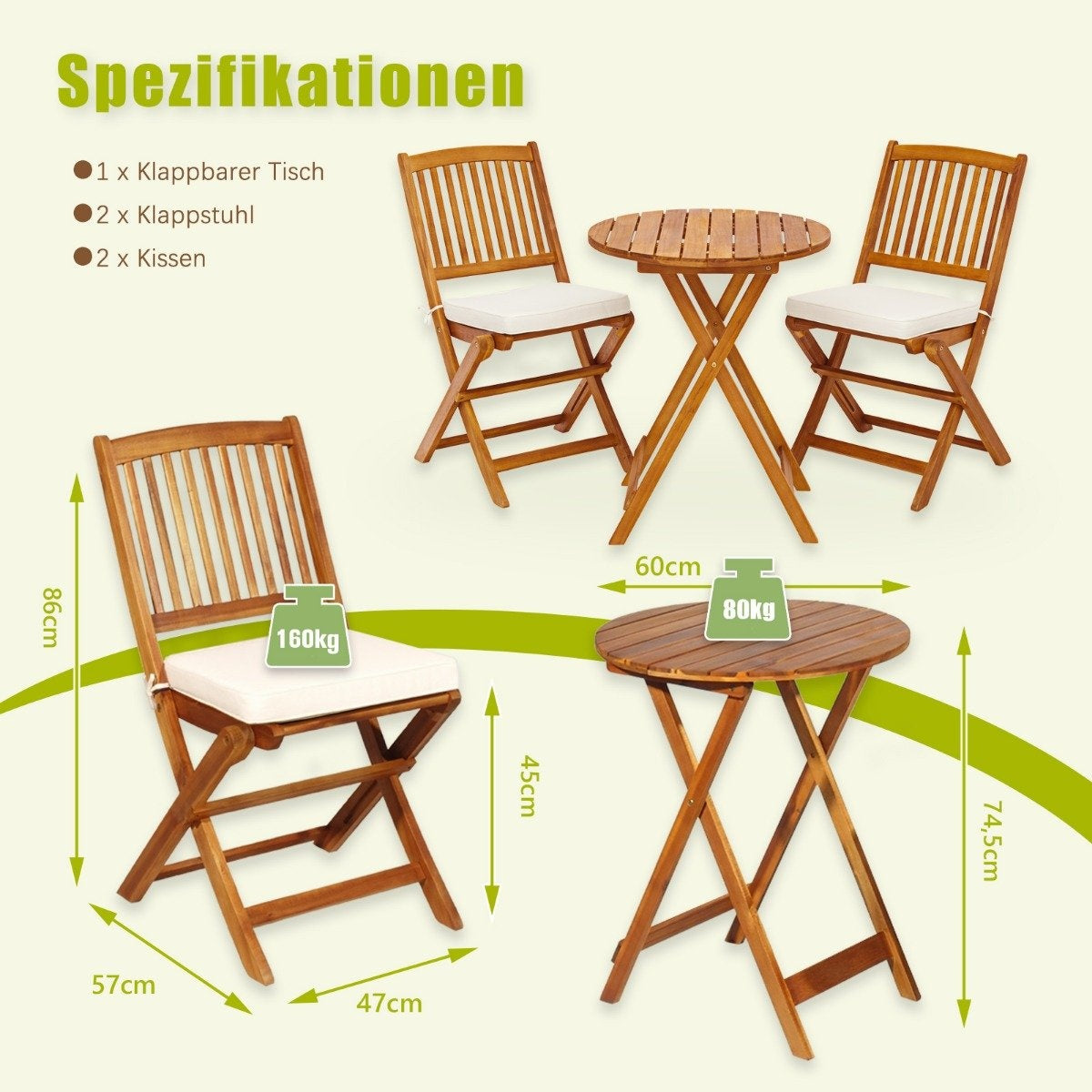 Garden furniture set 3-piece balcony furniture set with 2 chairs and round coffee table made of acacia wood, foldable bistro set for terrace, beige