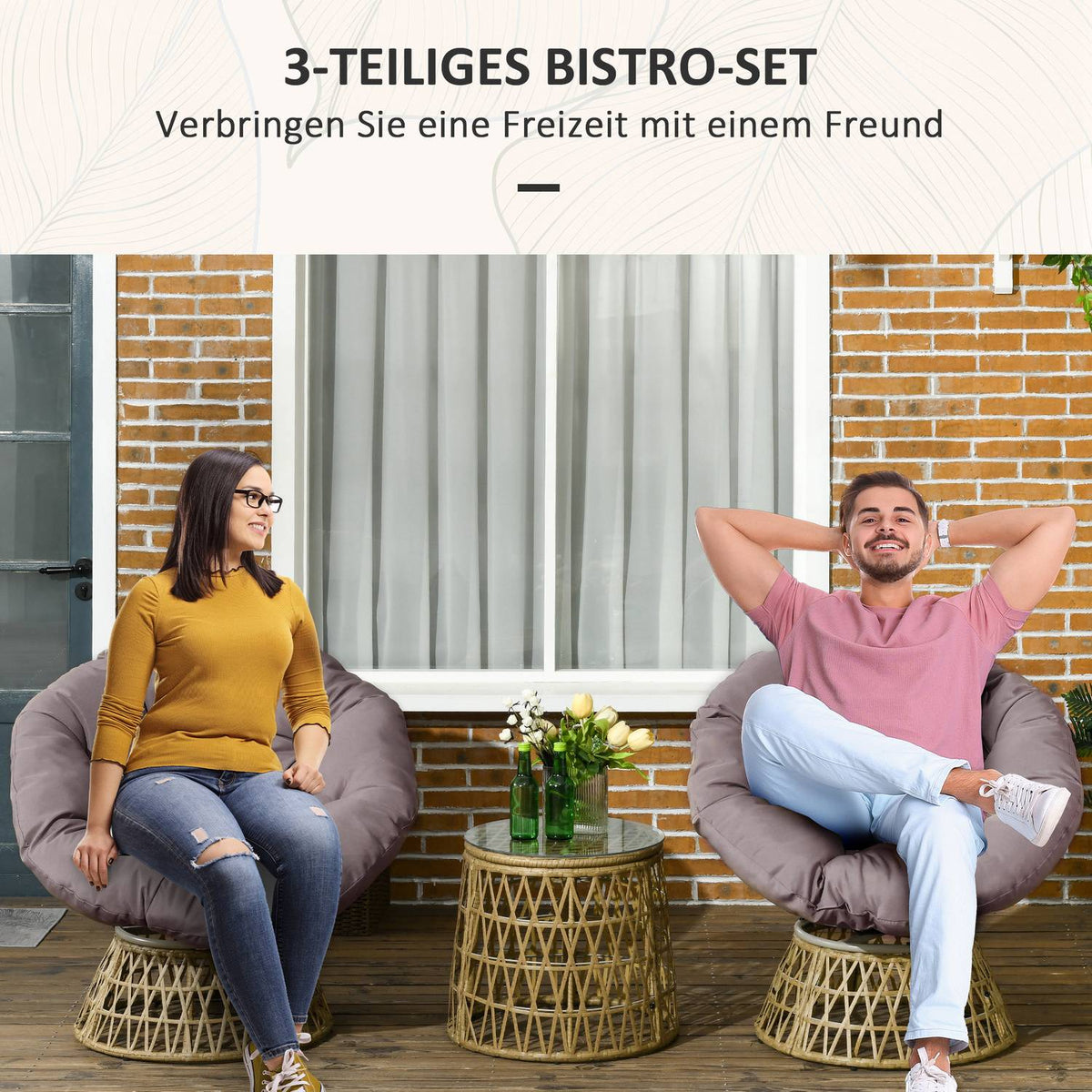 Garden furniture set 3 pieces. Bistro set with coffee table & 2 chairs, garden seating group with cushions, balcony furniture for terrace in yellow