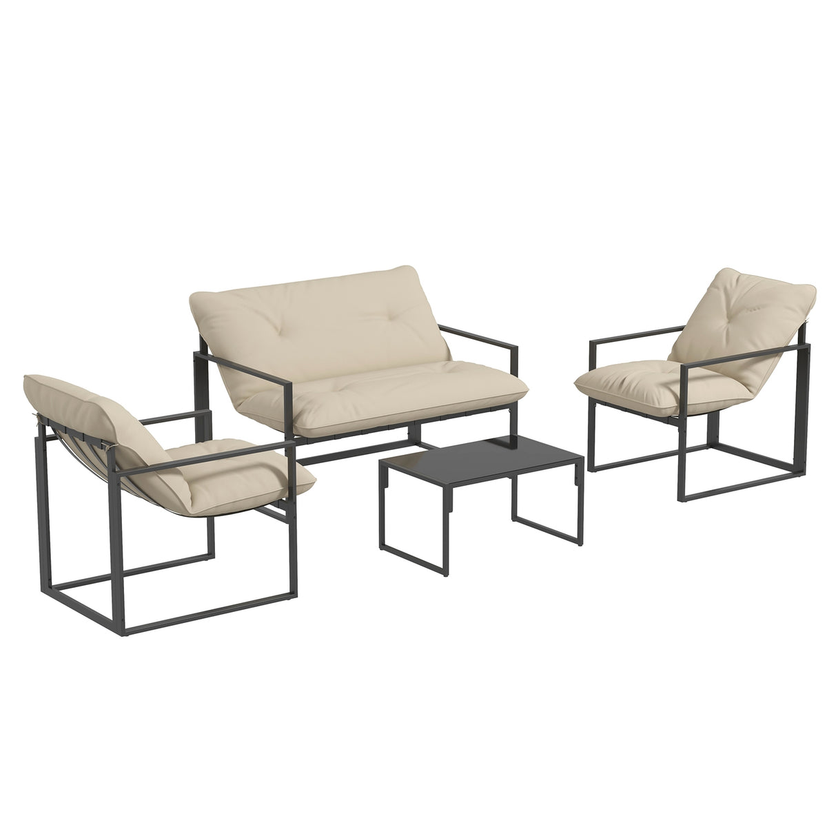 Garden furniture set 4 people with 2 seater sofa, 2 armchairs and 1 coffee table 3 cushions for patio garden - black steel, gray polyester