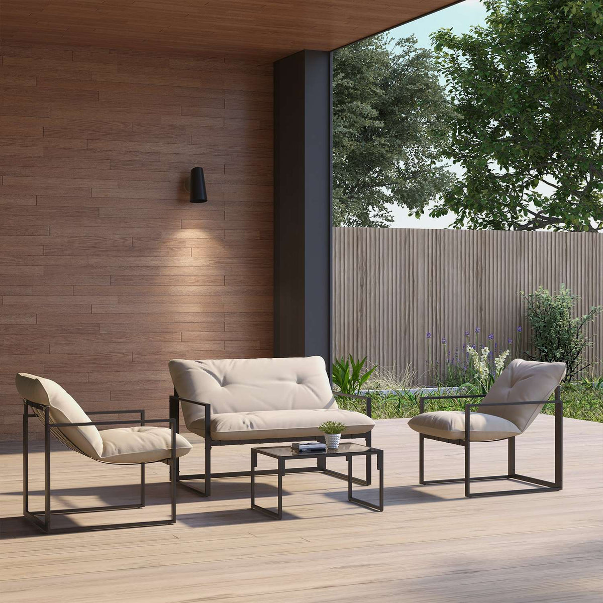 Garden furniture set 4 people with 2 seater sofa, 2 armchairs and 1 coffee table 3 cushions for patio garden - black steel, gray polyester