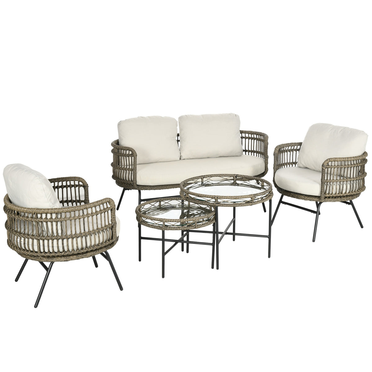 Garden furniture set 5 pieces rattan seating set with cushions 2 armchairs 2 coffee tables 1 double sofa Balcony furniture in boho style for 4 people aluminum brown