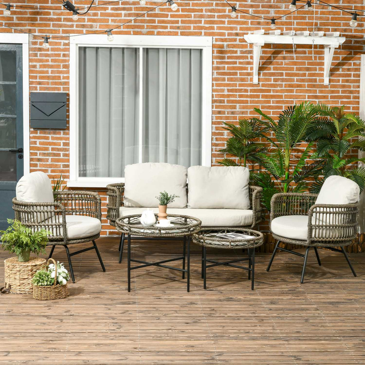 Garden furniture set 5 pieces rattan seating set with cushions 2 armchairs 2 coffee tables 1 double sofa Balcony furniture in boho style for 4 people aluminum brown