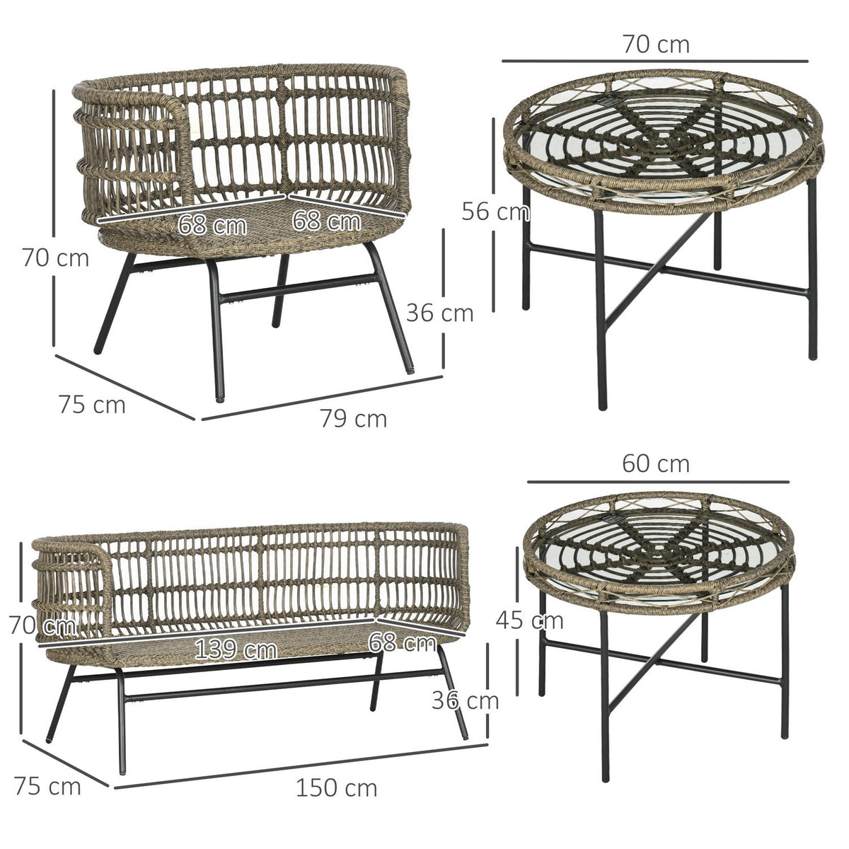 Garden furniture set 5 pieces rattan seating set with cushions 2 armchairs 2 coffee tables 1 double sofa Balcony furniture in boho style for 4 people aluminum brown