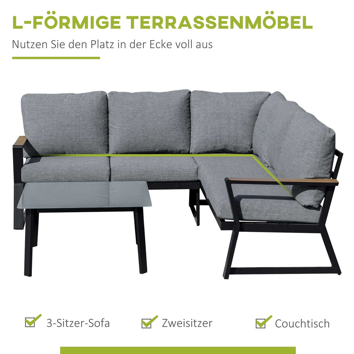 Garden furniture set for 4 people, L-shape sofa with cushions, side table, aluminum outdoor furniture gray |