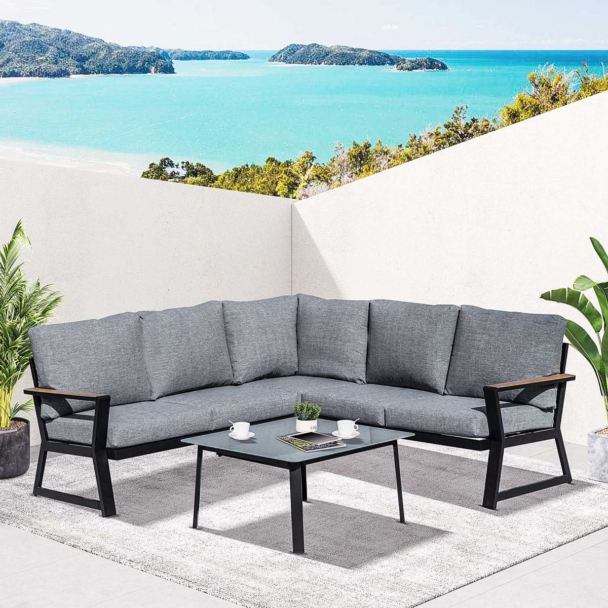 Garden furniture set for 4 people, L-shape sofa with cushions, side table, aluminum outdoor furniture gray |