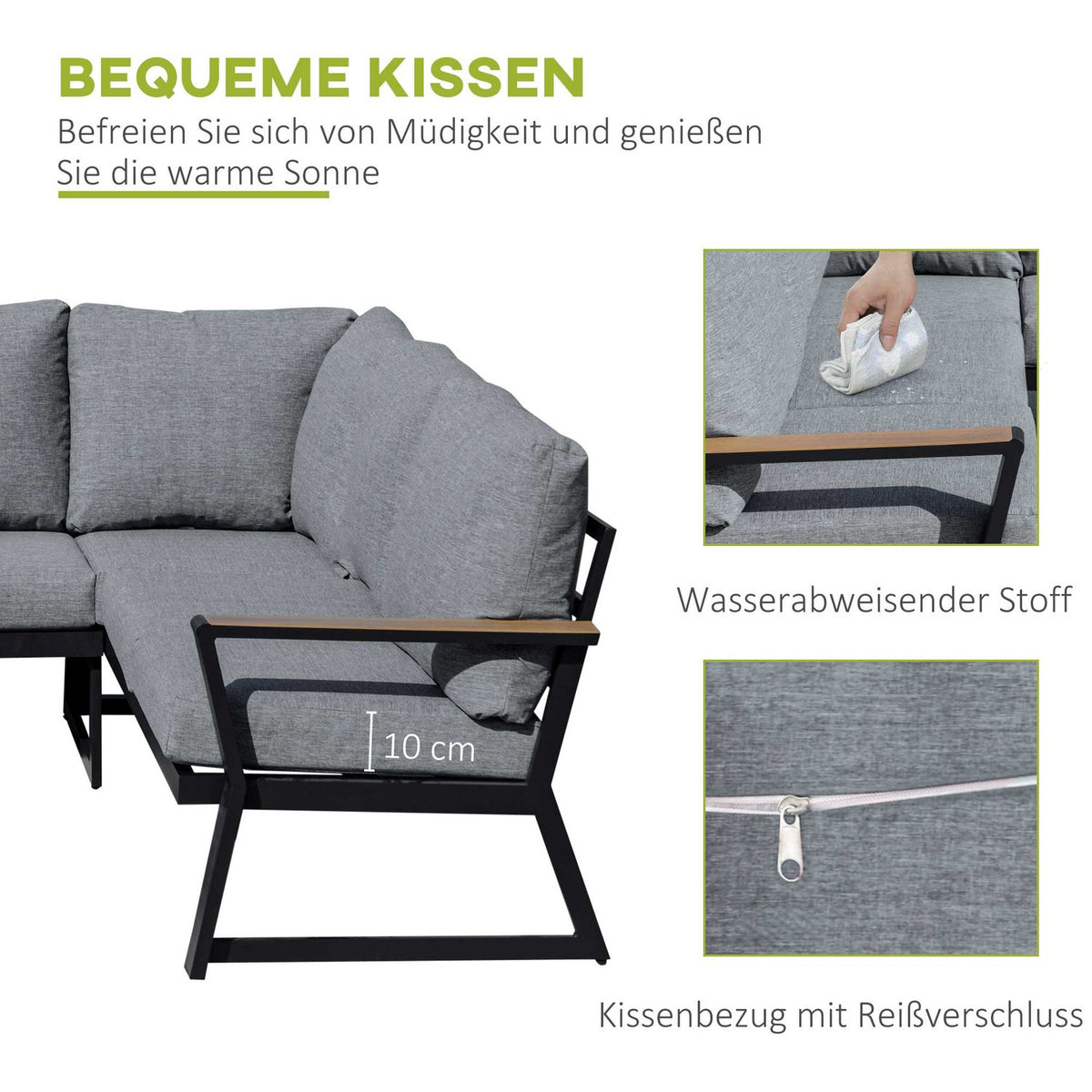 Garden furniture set for 4 people, L-shape sofa with cushions, side table, aluminum outdoor furniture gray |