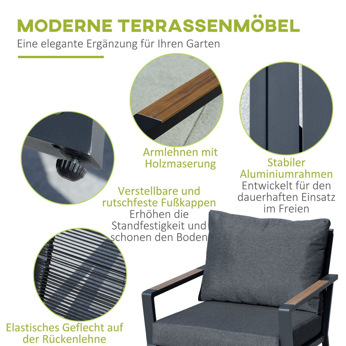 Garden furniture set for 4 people, sofa with armchair and side table, polyrattan & aluminum, gray, weatherproof & modern |