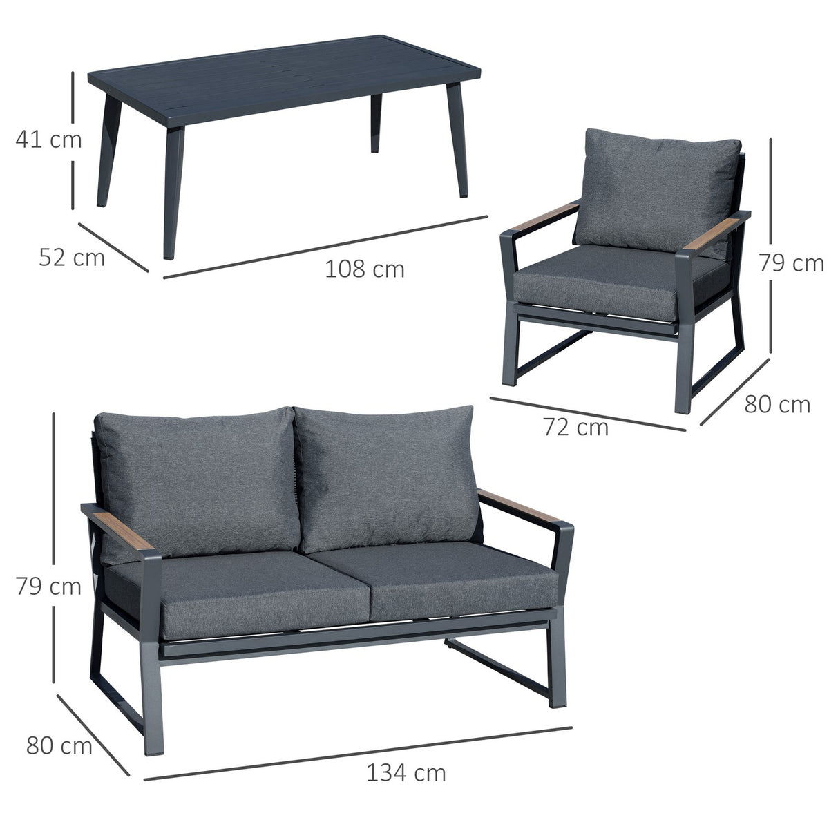 Garden furniture set for 4 people, sofa with armchair and side table, polyrattan & aluminum, gray, weatherproof & modern |