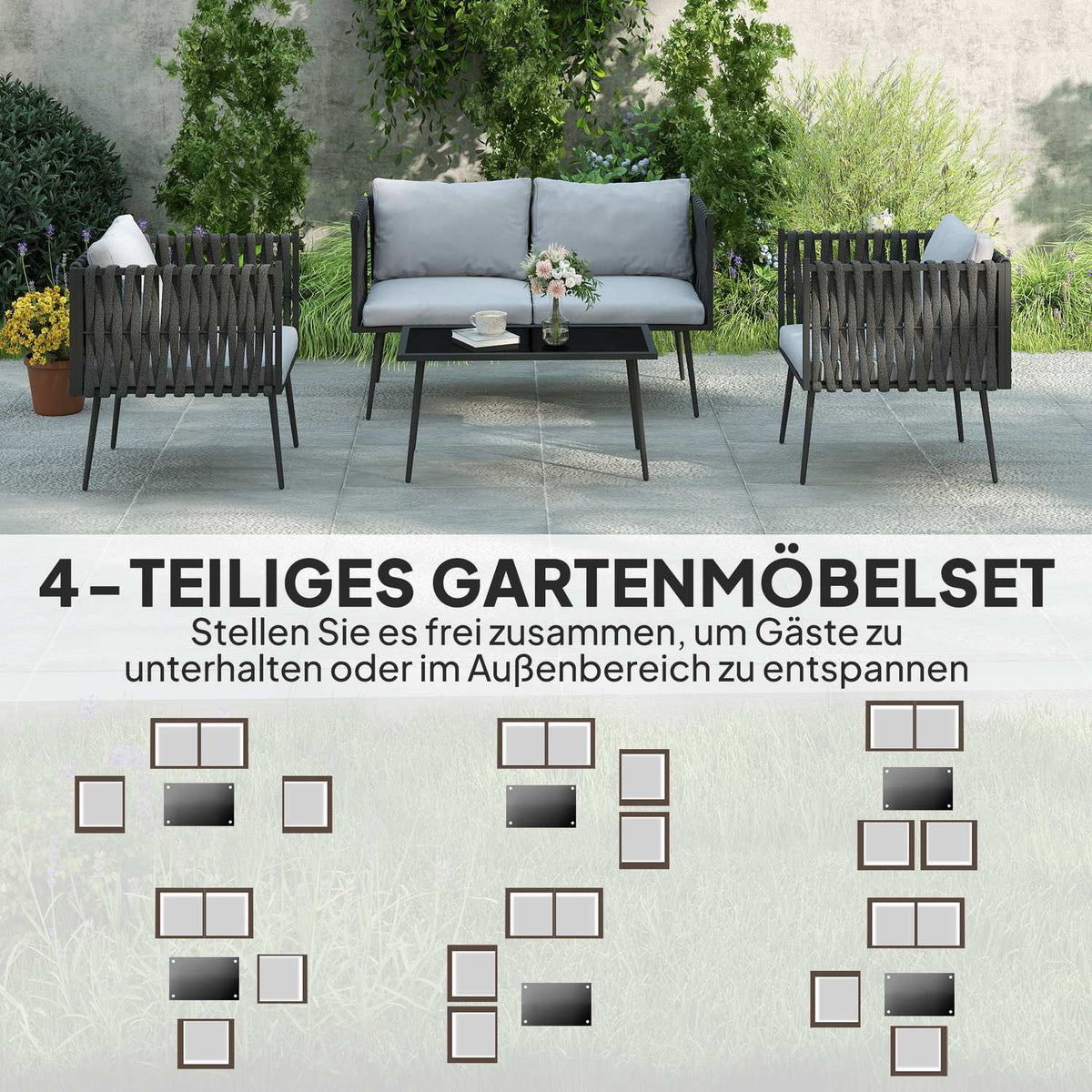 Garden furniture set for 4 people, weatherproof, balcony furniture set with 2-seater sofa, armchair, glass table, seat cushion, light grey