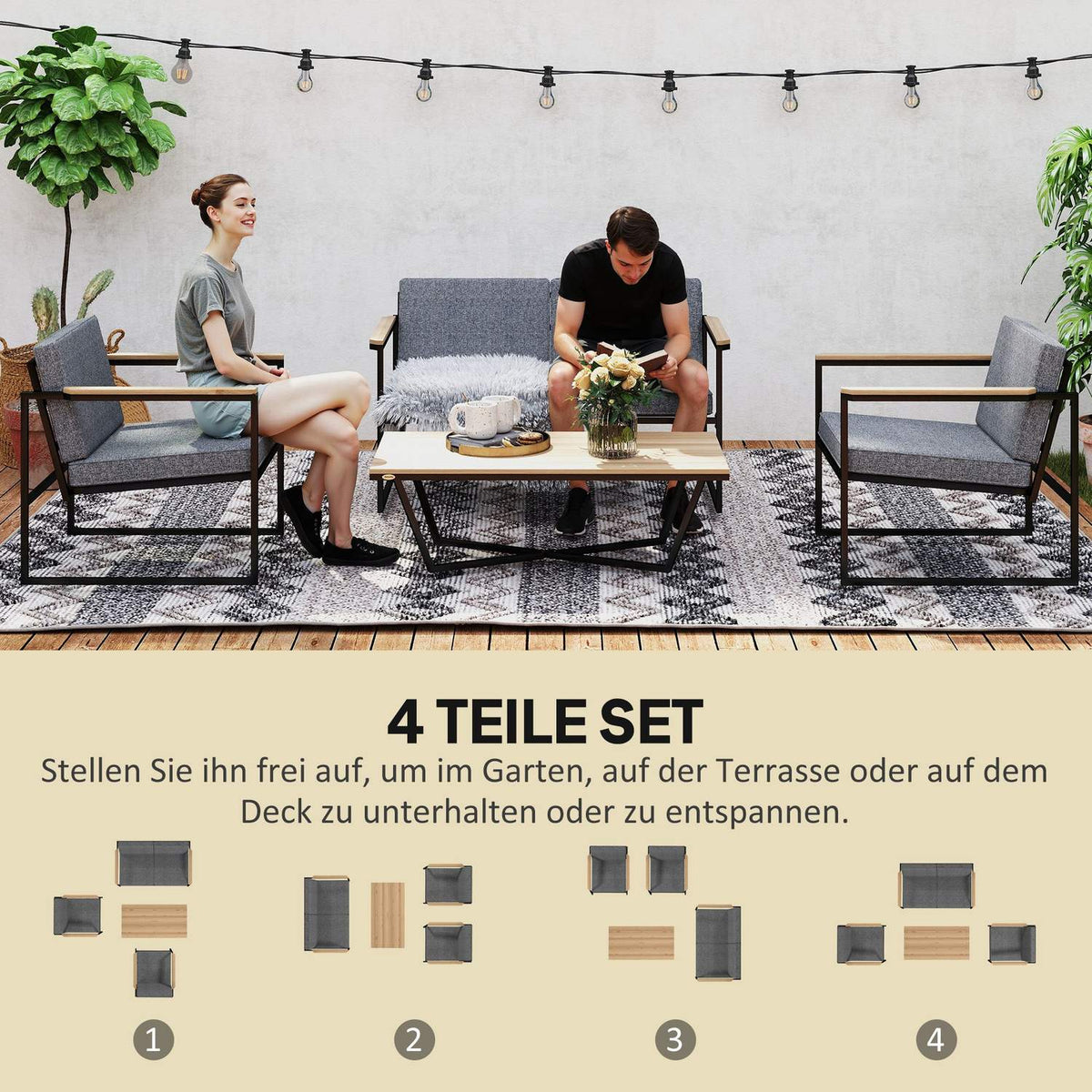Garden furniture set for 4 people, weatherproof balcony furniture set with 2 sofas, 2 chairs, seat cushion, side table, outdoor seating group, patio furniture, garden set for garden, terrace, balcony, gray
