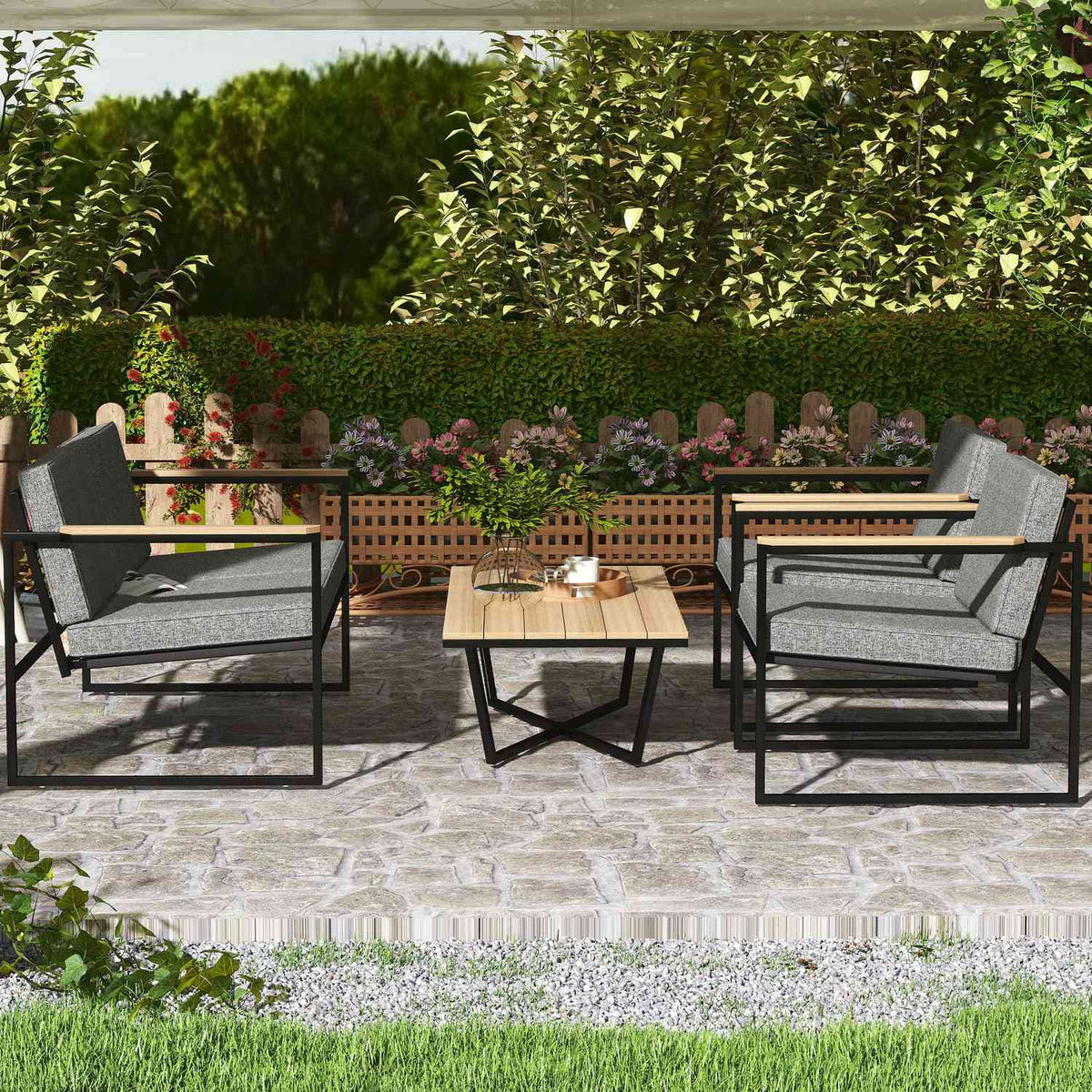 Garden furniture set for 4 people, weatherproof balcony furniture set with 2 sofas, 2 chairs, seat cushion, side table, outdoor seating group, patio furniture, garden set for garden, terrace, balcony, gray