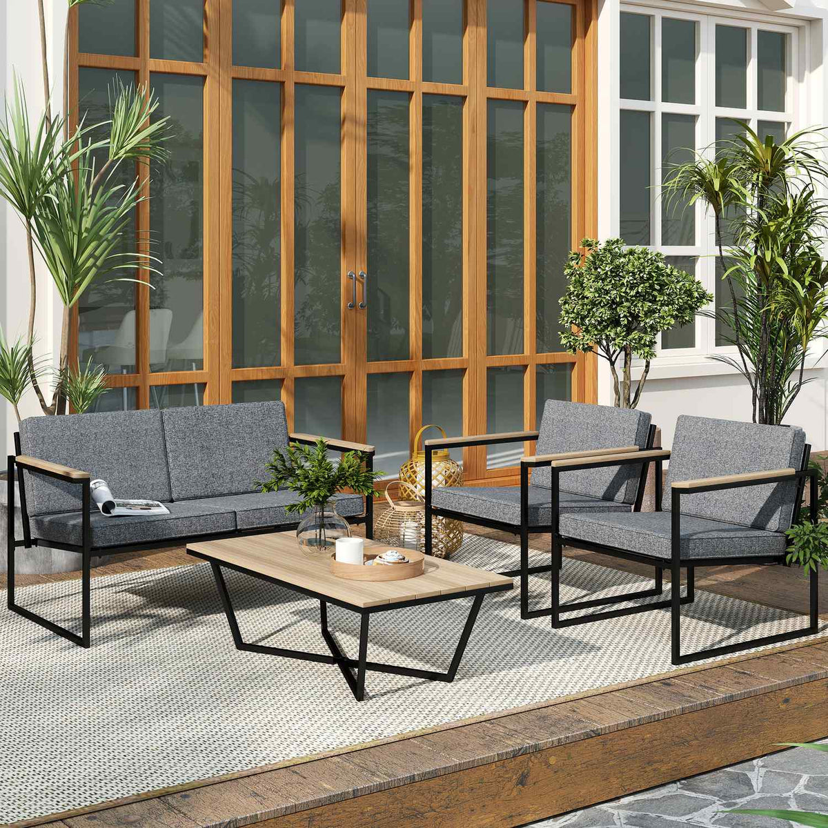 Garden furniture set for 4 people, weatherproof balcony furniture set with 2 sofas, 2 chairs, seat cushion, side table, outdoor seating group, patio furniture, garden set for garden, terrace, balcony, gray