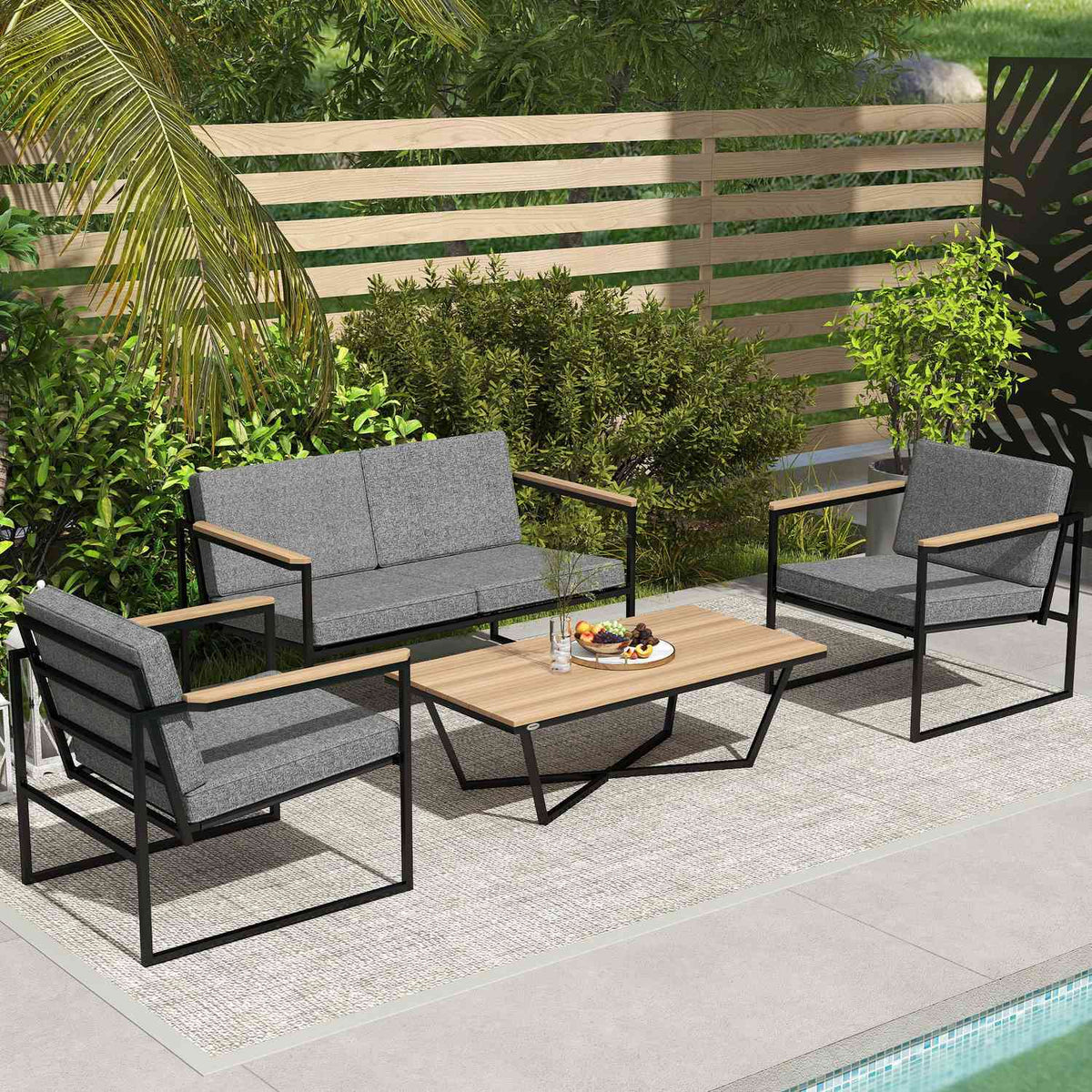 Garden furniture set for 4 people, weatherproof balcony furniture set with 2 sofas, 2 chairs, seat cushion, side table, outdoor seating group, patio furniture, garden set for garden, terrace, balcony, gray