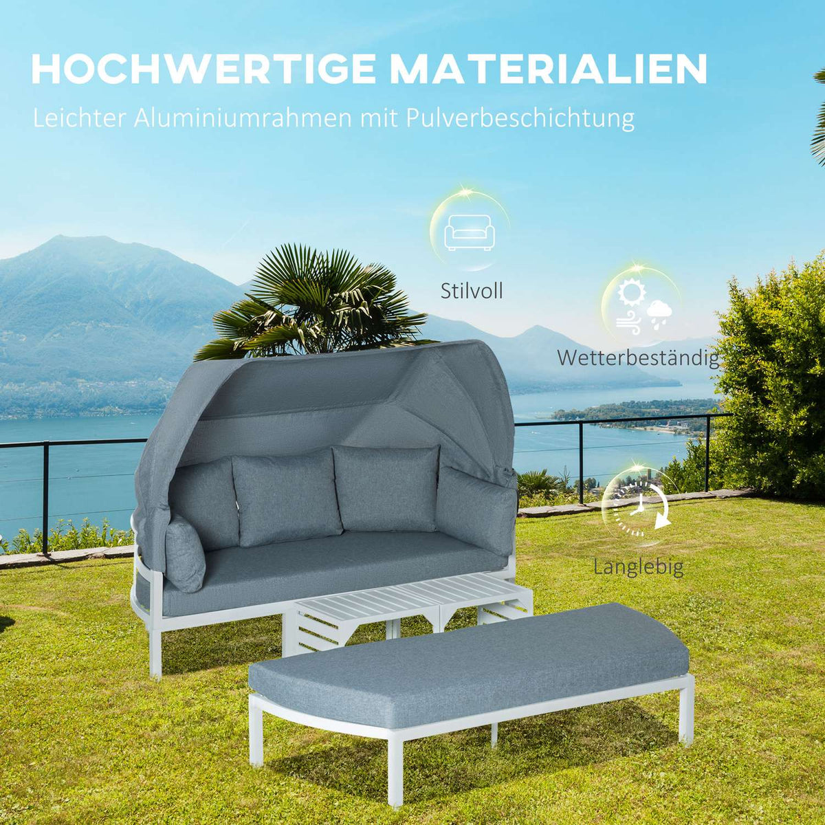 Garden furniture set for 5 people with side table and roof, cushions made of PP plastic and polyester, 190/133W x 81D x 73/62H cm, white and gray |
