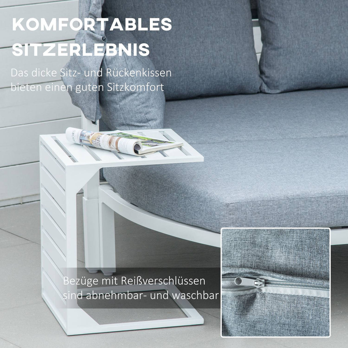 Garden furniture set for 5 people with side table and roof, cushions made of PP plastic and polyester, 190/133W x 81D x 73/62H cm, white and gray |