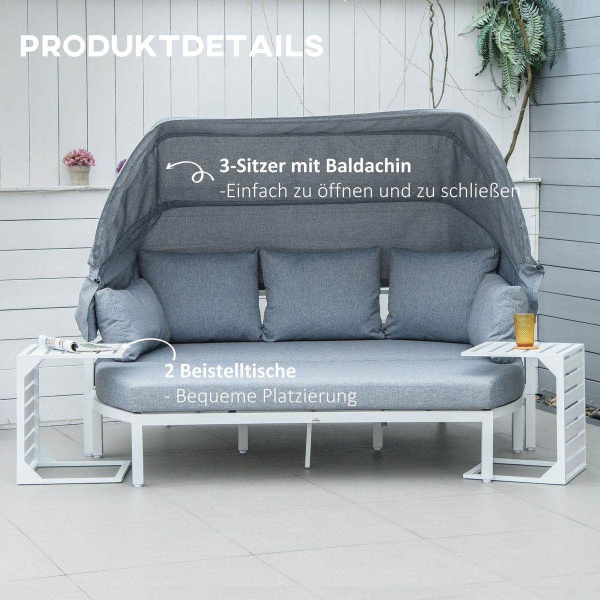 Garden furniture set for 5 people with side table and roof, cushions made of PP plastic and polyester, 190/133W x 81D x 73/62H cm, white and gray |