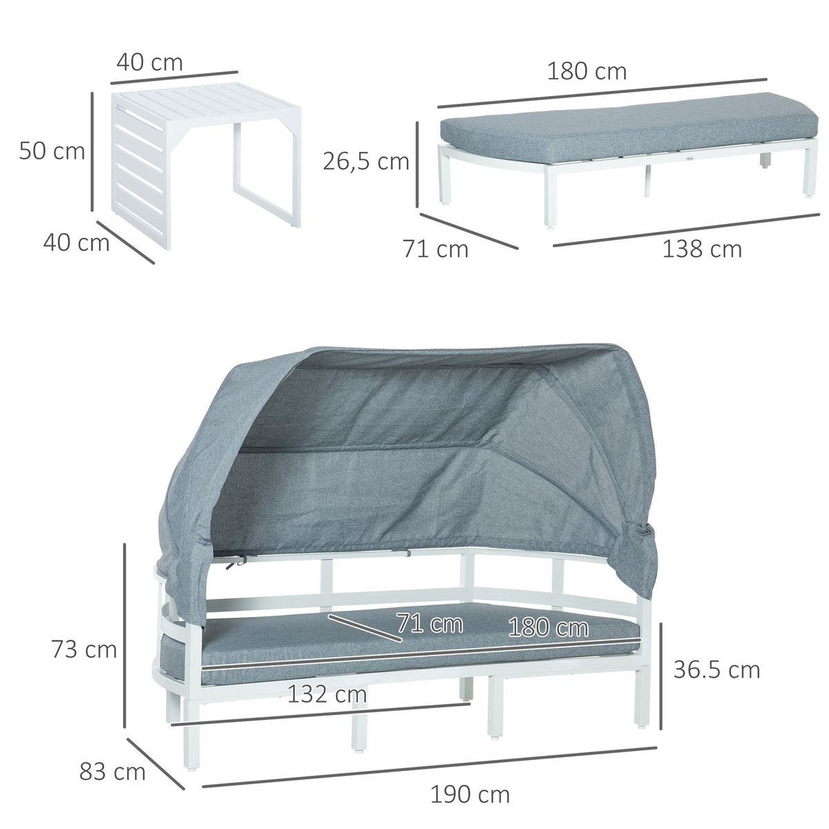 Garden furniture set for 5 people with side table and roof, cushions made of PP plastic and polyester, 190/133W x 81D x 73/62H cm, white and gray |