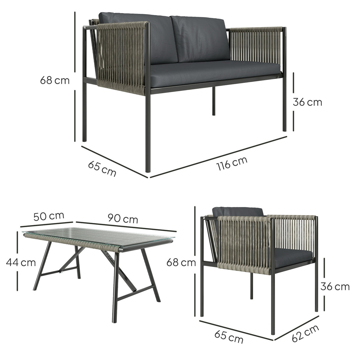 Garden furniture set made of polyrattan lounge set with 2 sofa chairs glass table cushions weatherproof balcony furniture for 4 people outdoor seating group patio furniture for garden balcony gray |
