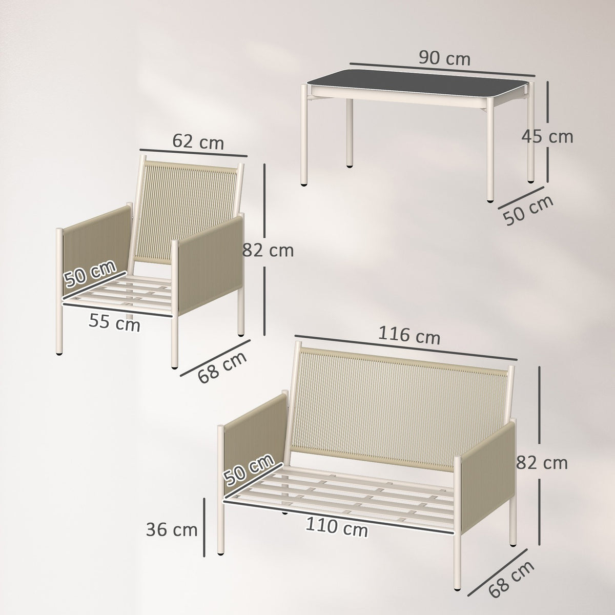 Garden furniture set made of polyrattan lounge set with 2 sofa chairs glass table cushions weatherproof seating group for 4 people outdoor balcony furniture set patio furniture for garden balcony brown + gray |