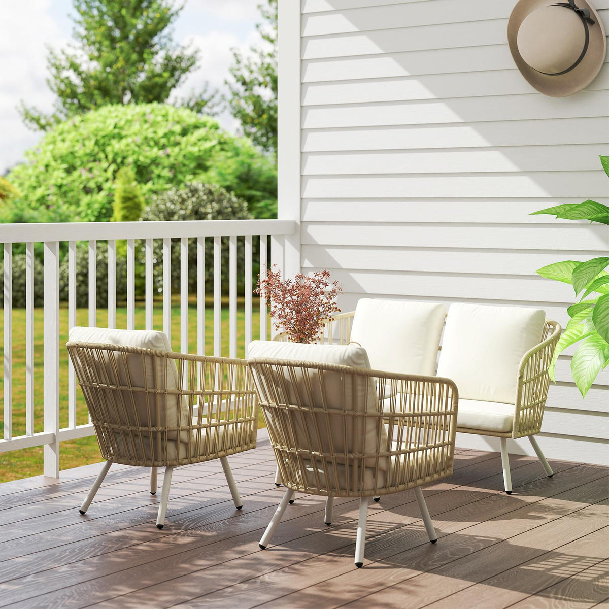 Garden furniture set made of polyrattan lounge set with 2 sofa chairs table cushions weatherproof seating group for 4 people outdoor balcony furniture set patio furniture for garden balcony terrace khaki |