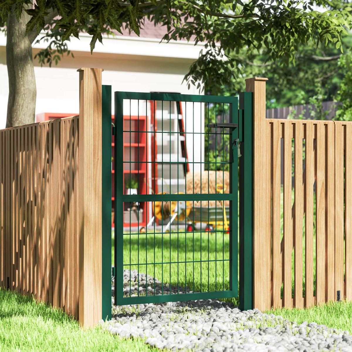 Garden gate made of steel, garden door with handle, lock, 3 keys, lockable, fence gate, 97 x 170 cm, yard gate, garden gate, gate for rod mesh fence, fence door for boundary fence, green