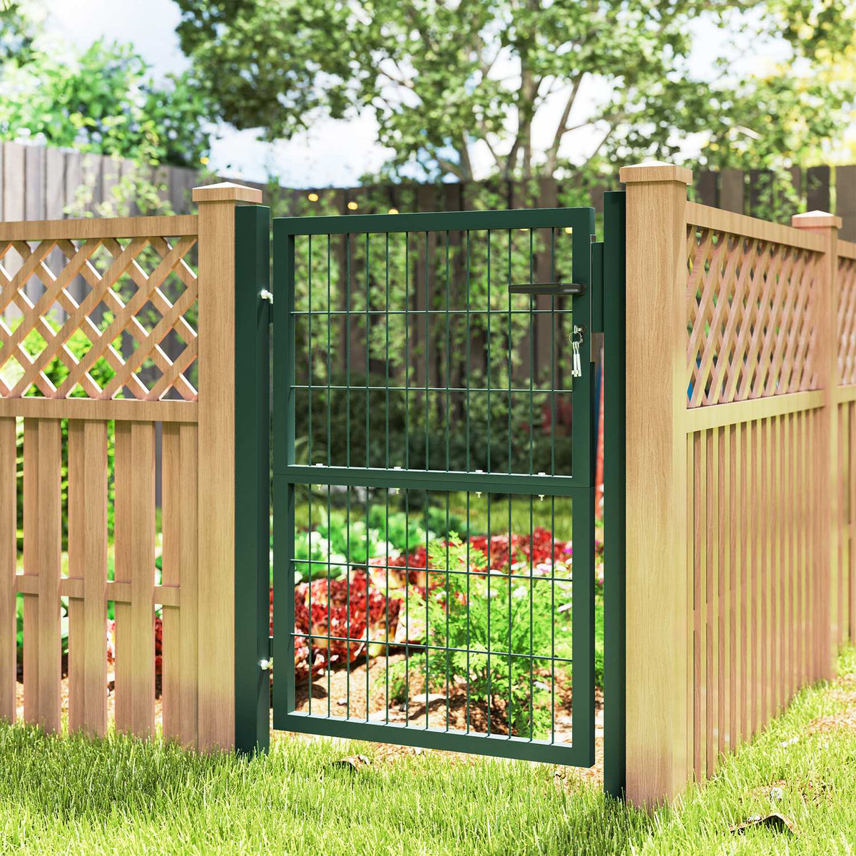 Garden gate made of steel, garden door with handle, lock, 3 keys, lockable, fence gate, 97 x 170 cm, yard gate, garden gate, gate for rod mesh fence, fence door for boundary fence, green