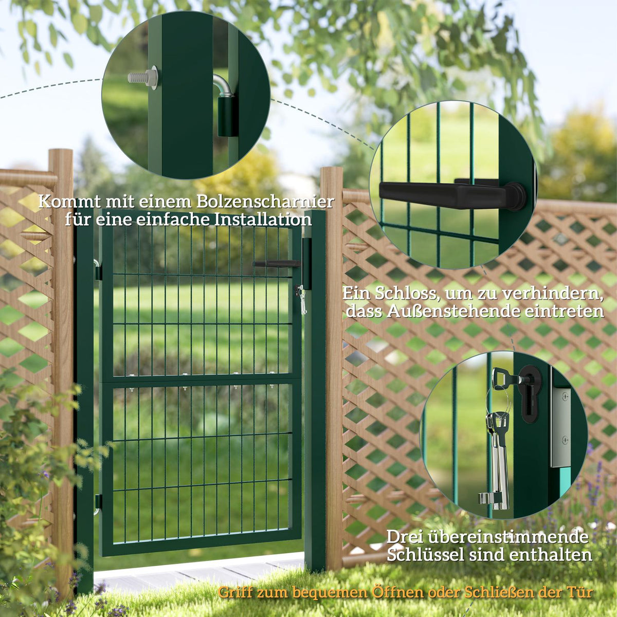 Garden gate made of steel, garden door with handle, lock, 3 keys, lockable, fence gate, 97 x 170 cm, yard gate, garden gate, gate for rod mesh fence, fence door for boundary fence, green