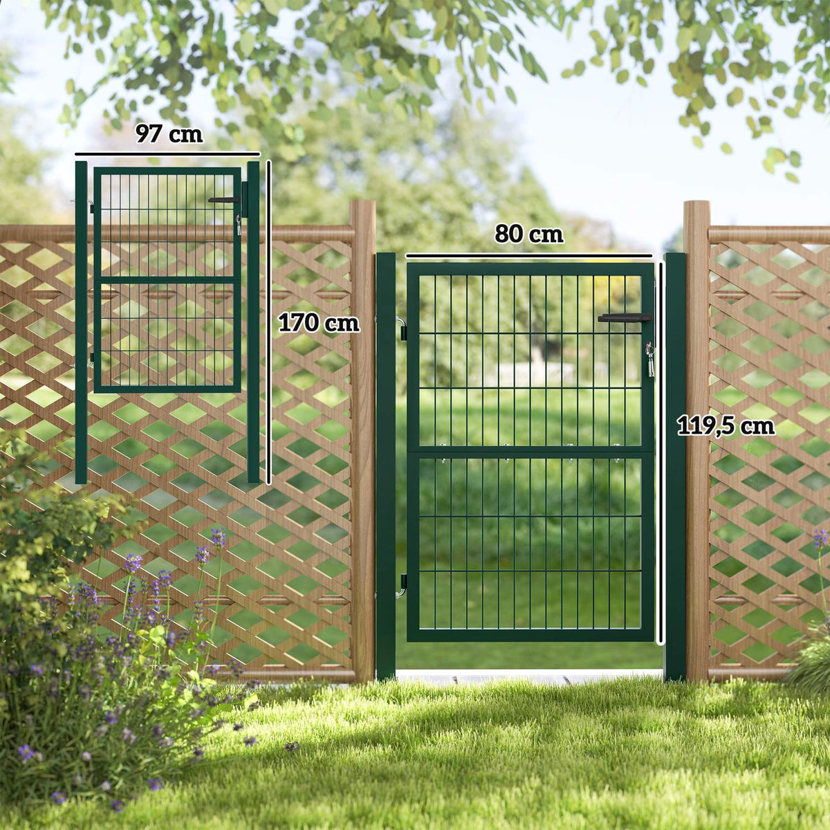 Garden gate made of steel, garden door with handle, lock, 3 keys, lockable, fence gate, 97 x 170 cm, yard gate, garden gate, gate for rod mesh fence, fence door for boundary fence, green