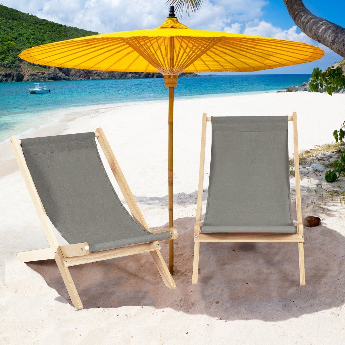 Garden lounger Folding wooden chair with cushions for the pool area Natural + Gray
