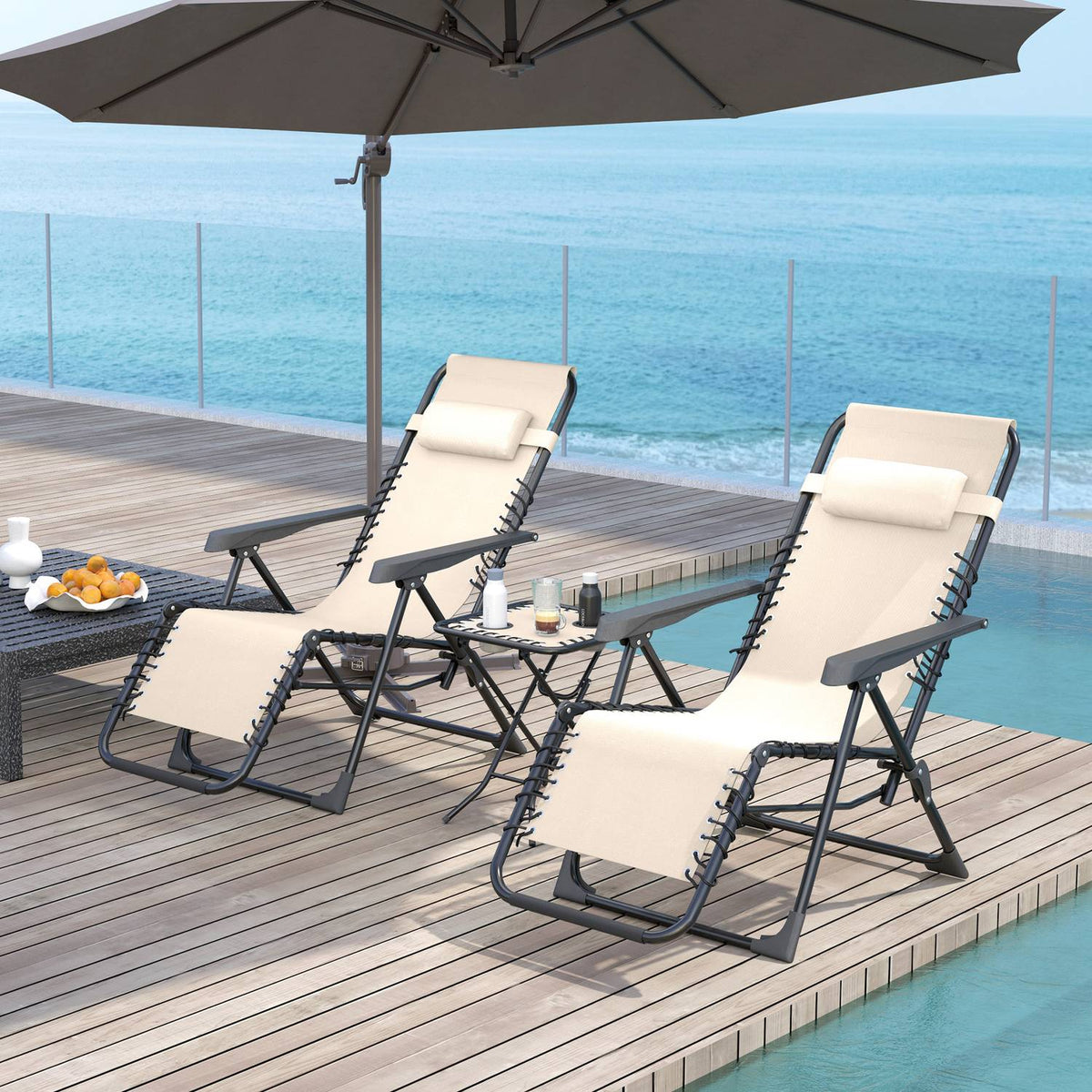Garden lounger set 3 pieces. Folding sun lounger with tea table, 2 chairs, pillows, outdoor lounger, weatherproof, relaxation lounger, deck chair made of metal, beach lounger for garden, terrace, 90 x 56 x 110 cm, beige