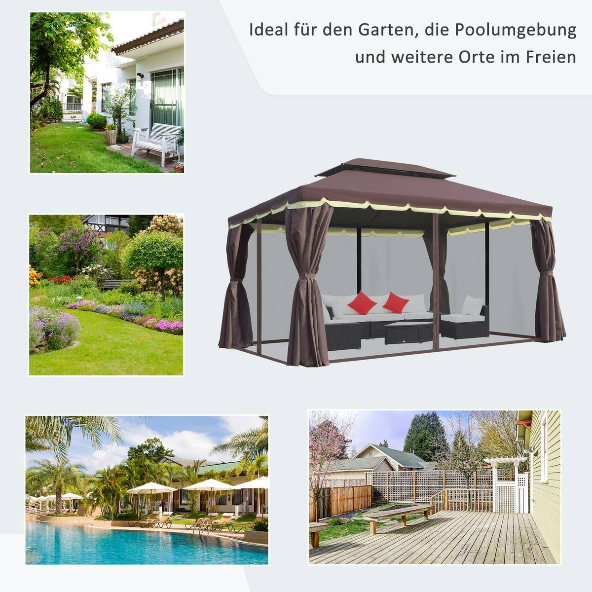 Garden pavilion 390 x 290 x 280 cm with 4 side panels, weatherproof garden tent party tent with mosquito net made of aluminum and polyester