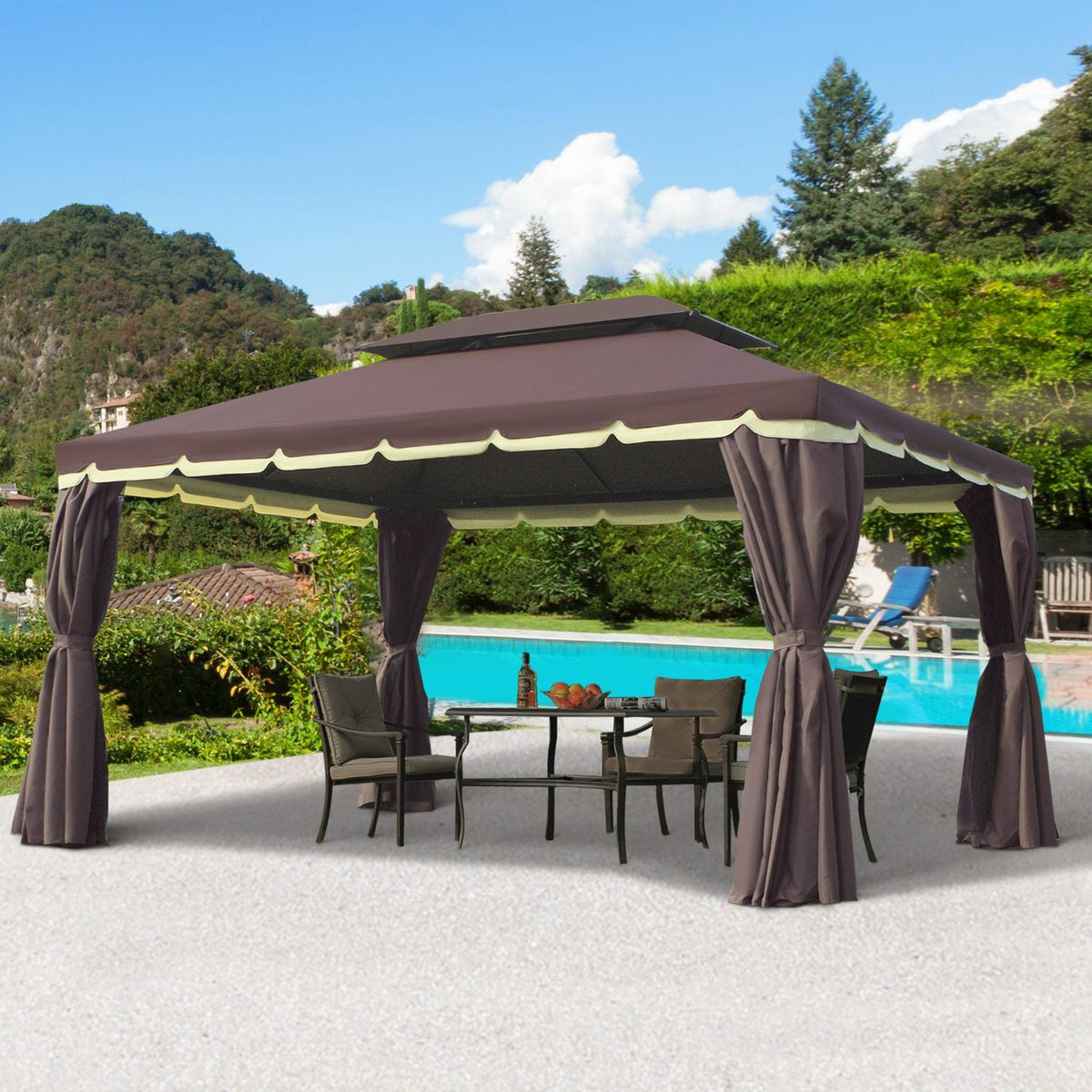 Garden pavilion 390 x 290 x 280 cm with 4 side panels, weatherproof garden tent party tent with mosquito net made of aluminum and polyester