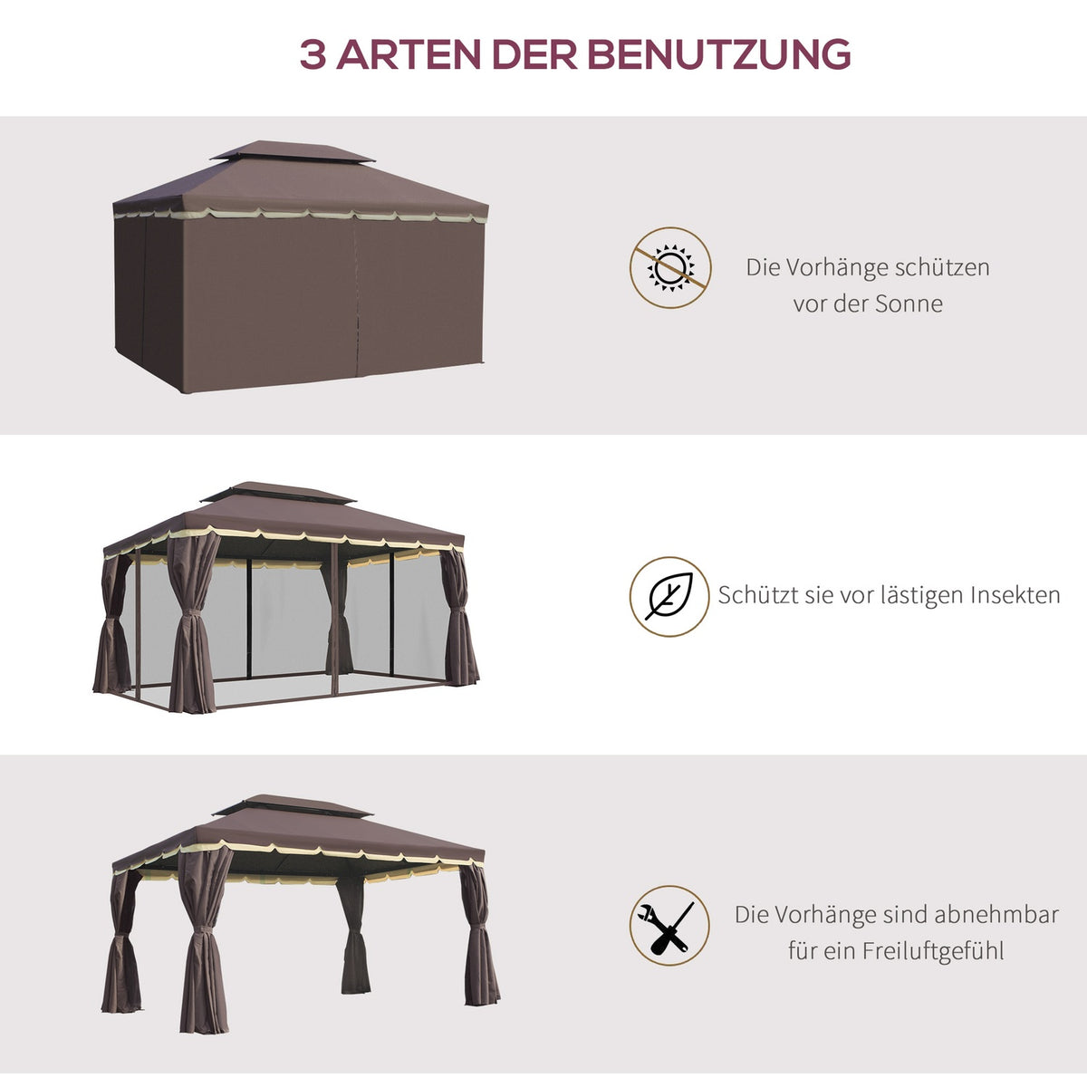 Garden pavilion 390 x 290 x 280 cm with 4 side panels, weatherproof garden tent party tent with mosquito net made of aluminum and polyester