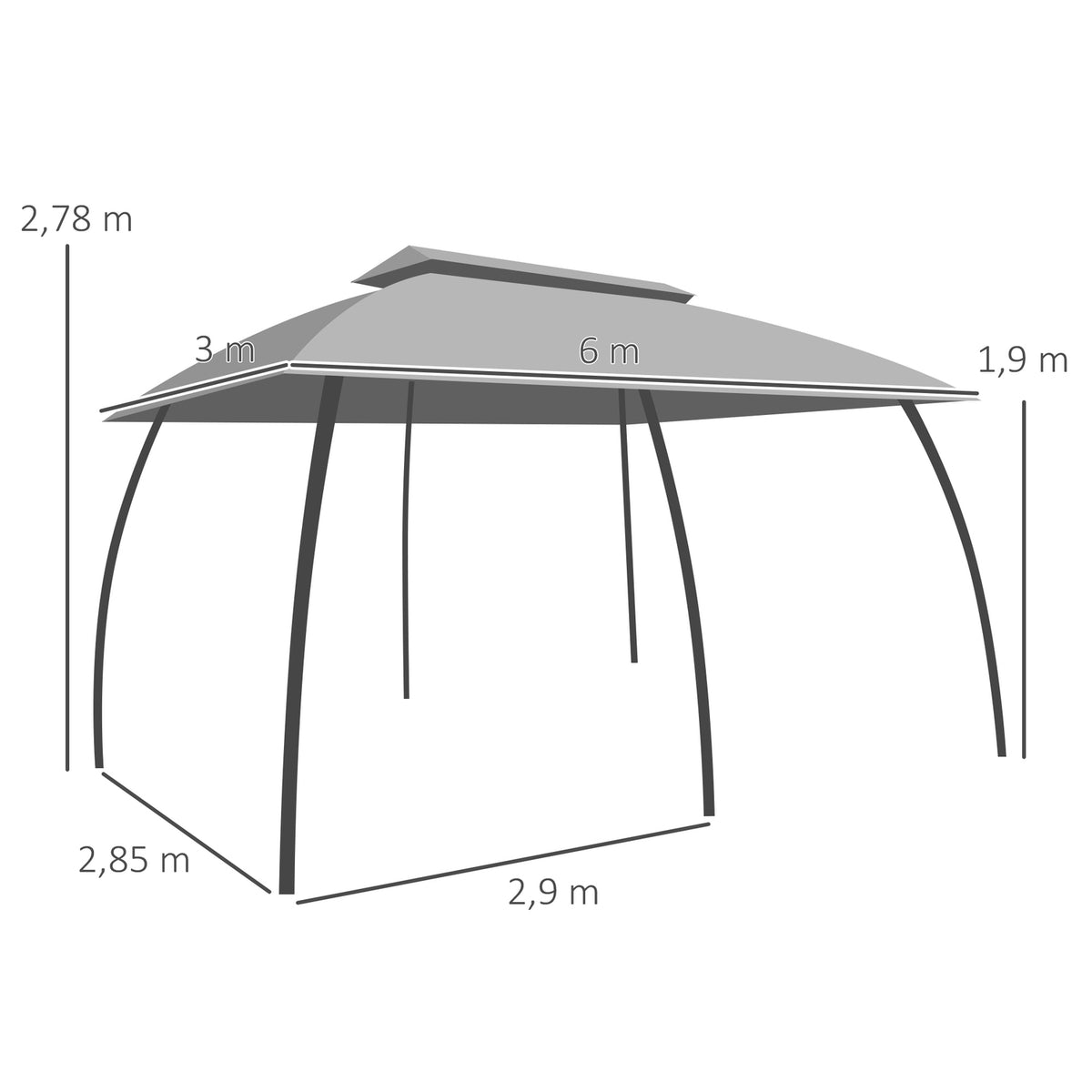 Garden pavilion 3 x 6 m party tent with double roof & side walls, fly nets for up to 15 people, galvanized metal, dark gray