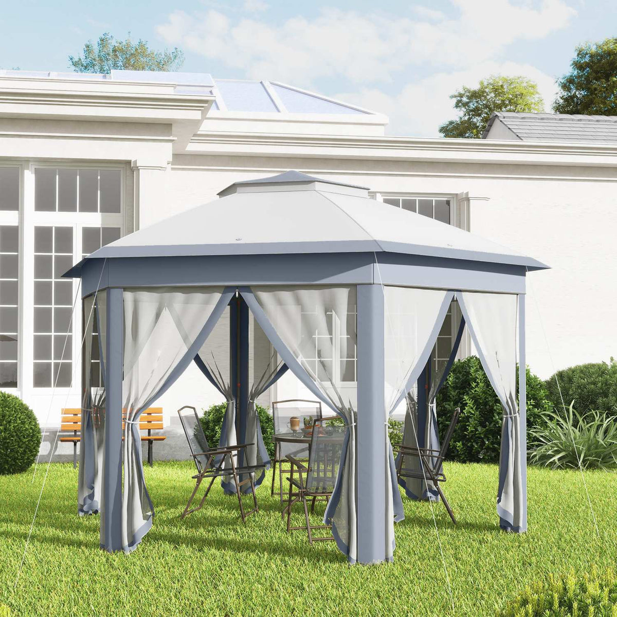 Garden pavilion folding pavilion 4 x 4 m pop-up tent party tent incl. carrying bag 6 side panels double roof hexagonal gray