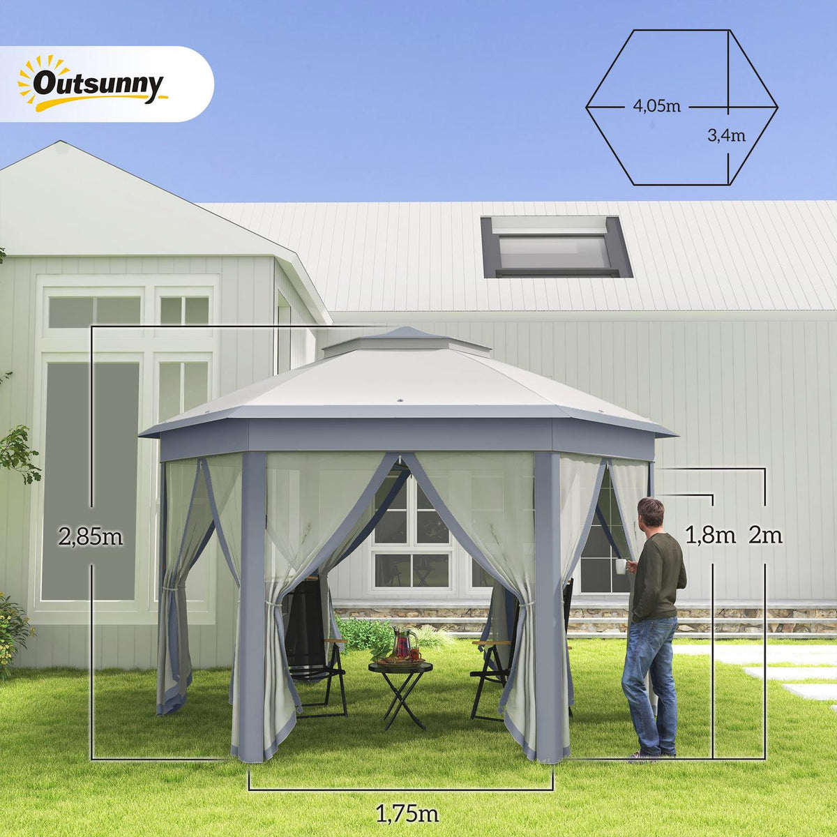 Garden pavilion folding pavilion 4 x 4 m pop-up tent party tent incl. carrying bag 6 side panels double roof hexagonal gray